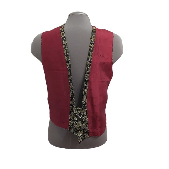 Vest - Black and Metallic Gold Brocade Fabric Burgundy Lining - Medium - Unisex - Picture 10 of 11